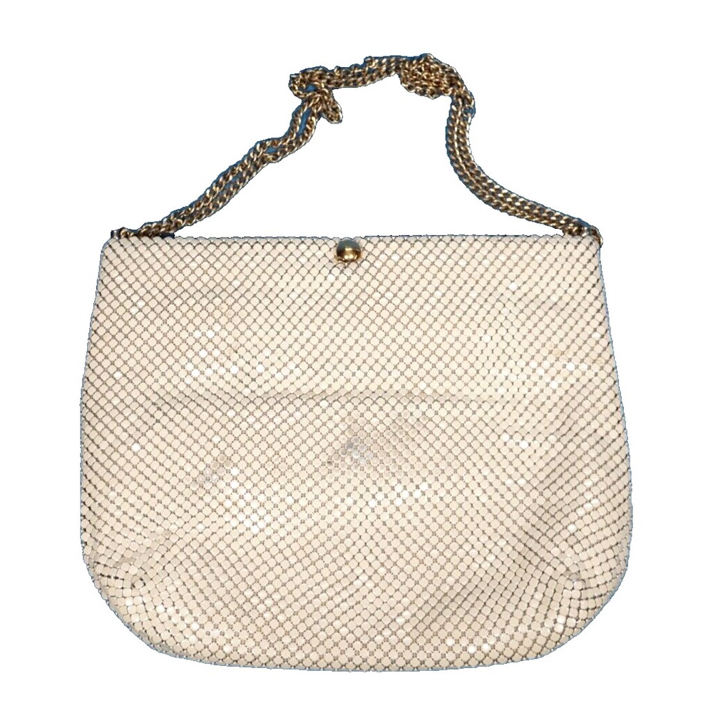 VTG Whiting & Davis METAL MESH PURSE BAG Ivory Color w/Gold Chain SPRING FRAME